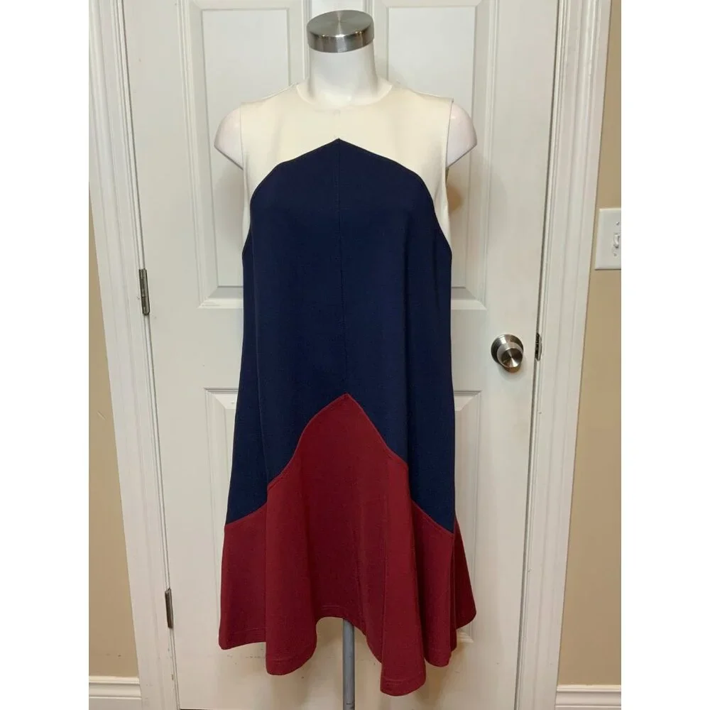 Tory Burch Willa Navy Blue, Maroon & Cream Colorblock A-Line Dress, Size M